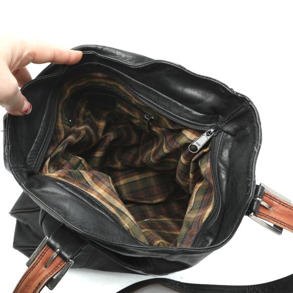 Derek Alexander Leather Shoulder Bag Black Brown Tote Purse Plaid Lining Classic - Picture 8 of 14